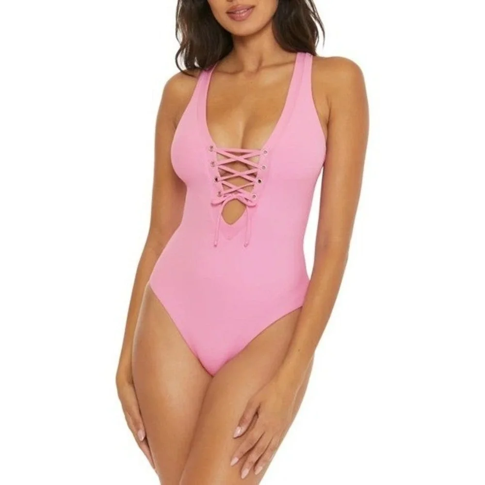 BECCA Modern‎ Edge Plunge Lace-Up Ribbed One-Piece Swimsuit Women's Size Small